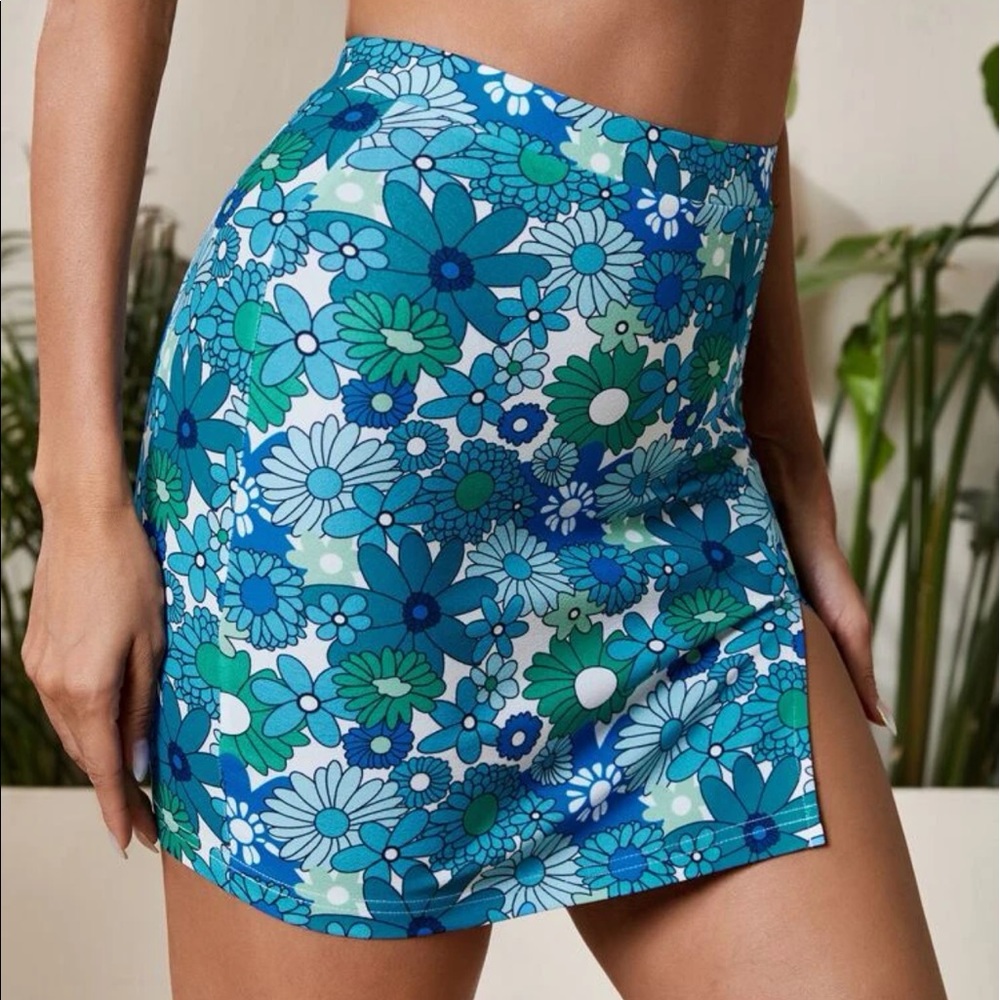 New Boho Floral Print Blue Green White Split Hem High Waist Bodycon Mini Skirt - Picture 6 of 13